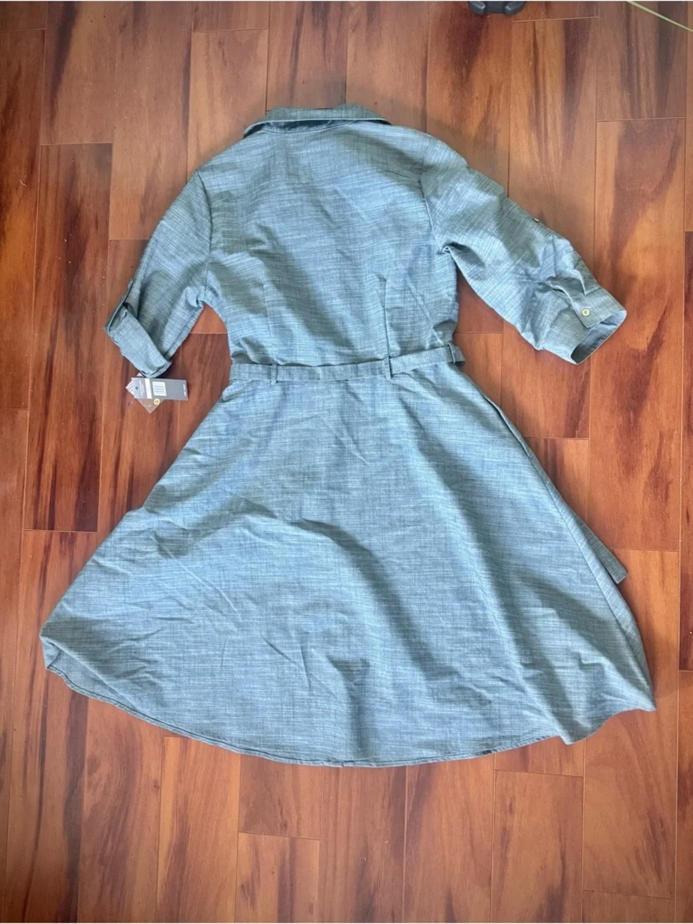 Sharagano Dusty Blue Tie-Waist Button Front Midi Shirt Dress with Pockets - Picture 7 of 8